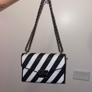Michael Kors Rose Medium Black & White Striped Flap Shoulder Bag
